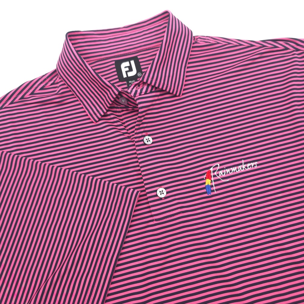FootJoy Mens XL Golf Polo Shirt Pink Navy Blue Striped Rainmakers Resorts Logo